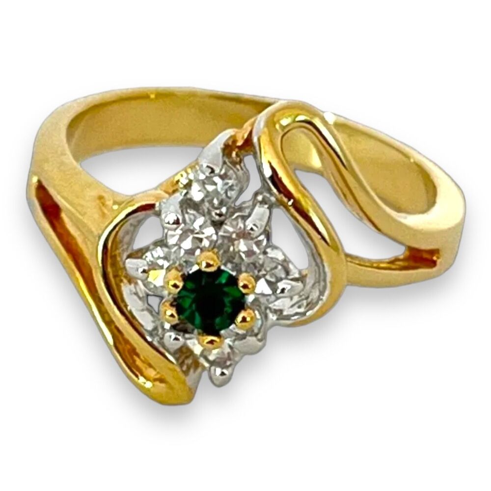 Vintage 1960s Ring Size 8 Mid Century Green Crystal CZ Gold Plate - 14A - Picture 10 of 11